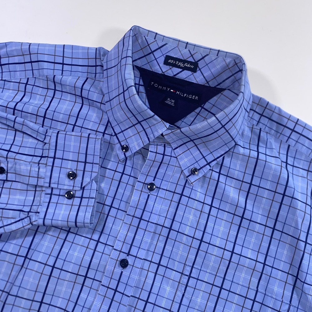 Tommy Hilfiger Mens XL Blue Check Button Down Shirt 80s 2-Ply Fabric Long Sleeve